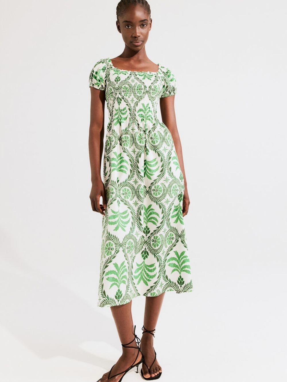 H&M White and Green Leaf-Print Midi Dress size S/M